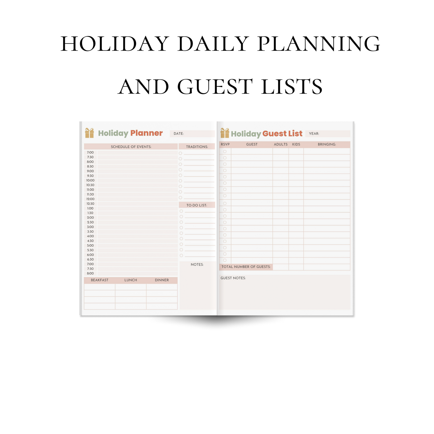 Custom Instant Download PDF Downloadable Holiday Planner