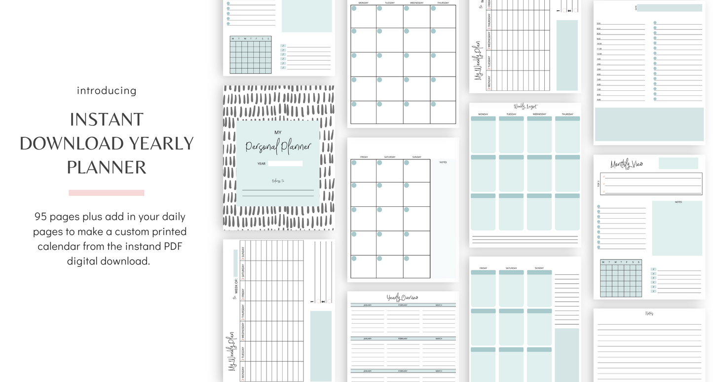 Custom Instant Download PDF Downloadable Yearly Monthly Weekly Daily Printable Planner Turquoise